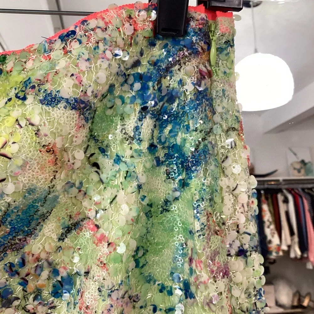 Elie tahari neon lime floral full sequin skirt side zip in Sz 4